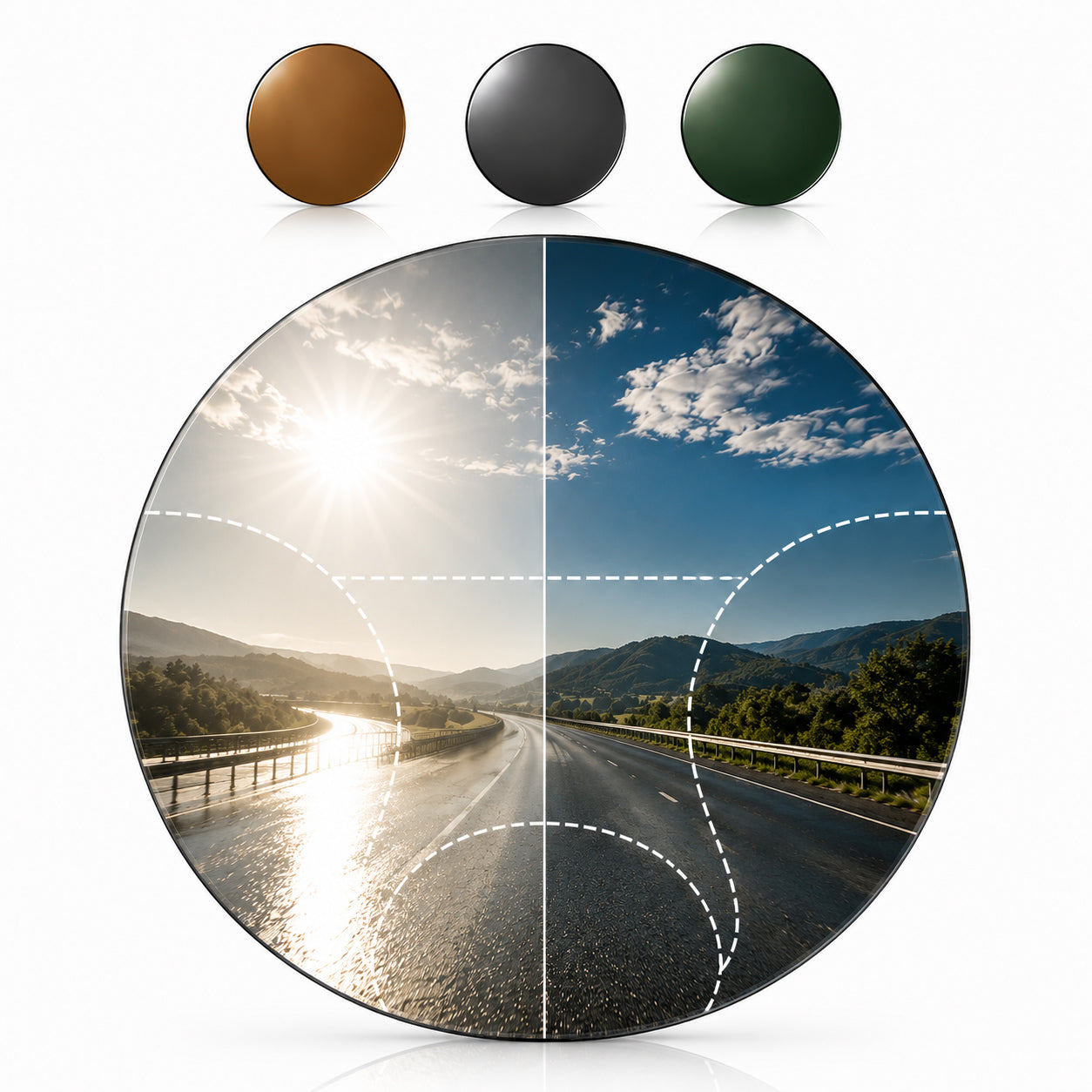 Visual comparison of a polarized progressive sunglasses lens on a wet road, showing anti-glare effect, multifocal vision fields, and brown, gray, and green lens options.