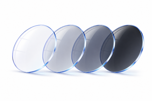 Essilor Transitions photochromic single vision prescription lenses that automatically adapt to changing light conditions, turning from clear indoors to dark outdoors for sharp vision, UV protection, and all-day visual comfort.