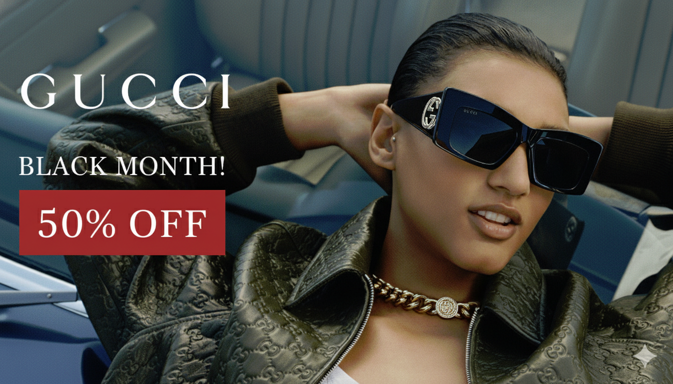 Model wearing black Gucci sunglasses. Black Month Promo: 50% Off Gucci eyewear collection at Giarre.com.