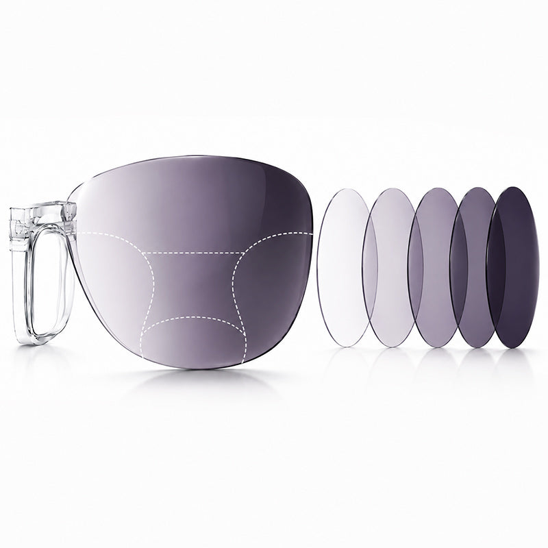 Technical diagram of a photochromic progressive lens showing vision zones with dotted lines and color transition from clear to dark tint.