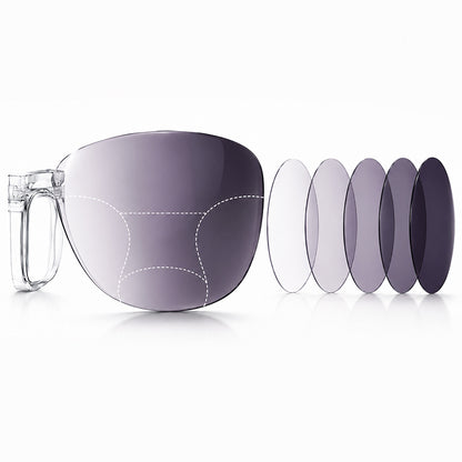 Technical diagram of a photochromic progressive lens showing vision zones with dotted lines and color transition from clear to dark tint.