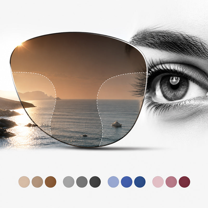Sunglasses with a scenic view of a boat on water, close-up of eye wearing sunglasses, and color swatch below.