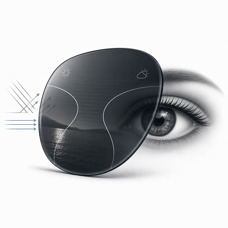 Polarized progressive lens with glare reduction technology for prescription sunglasses, delivering clear vision at all distances and enhanced visual comfort during driving, travel, and outdoor activities.