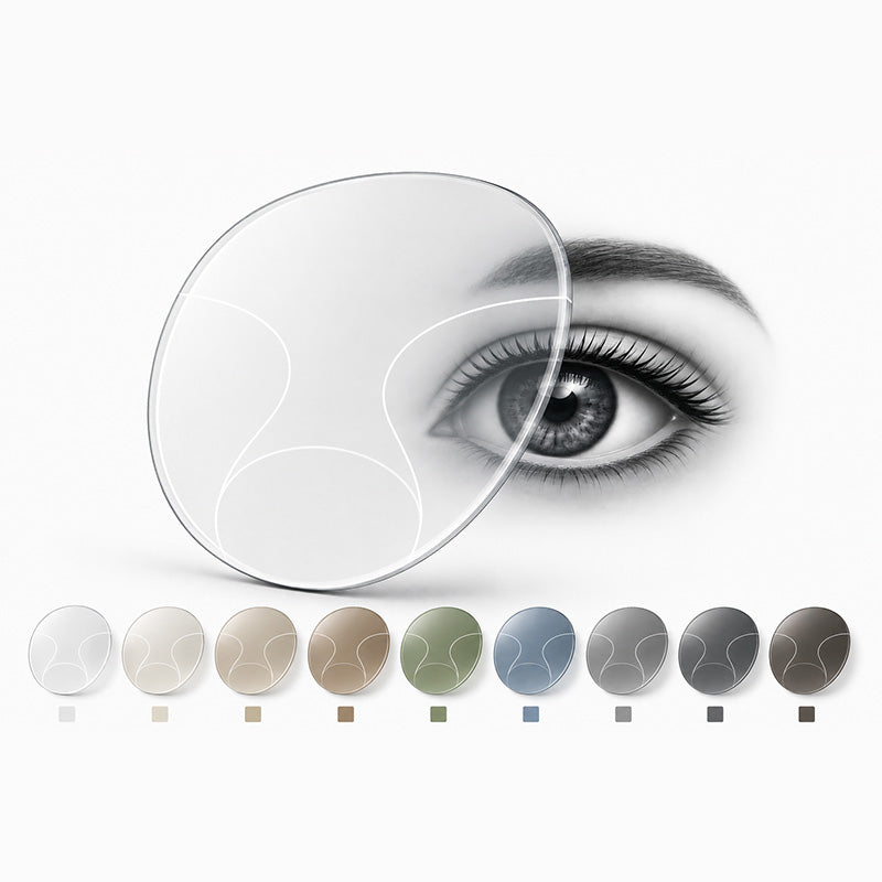 Custom tinted progressive lens available in multiple shades for prescription sunglasses, designed for clear and comfortable vision.