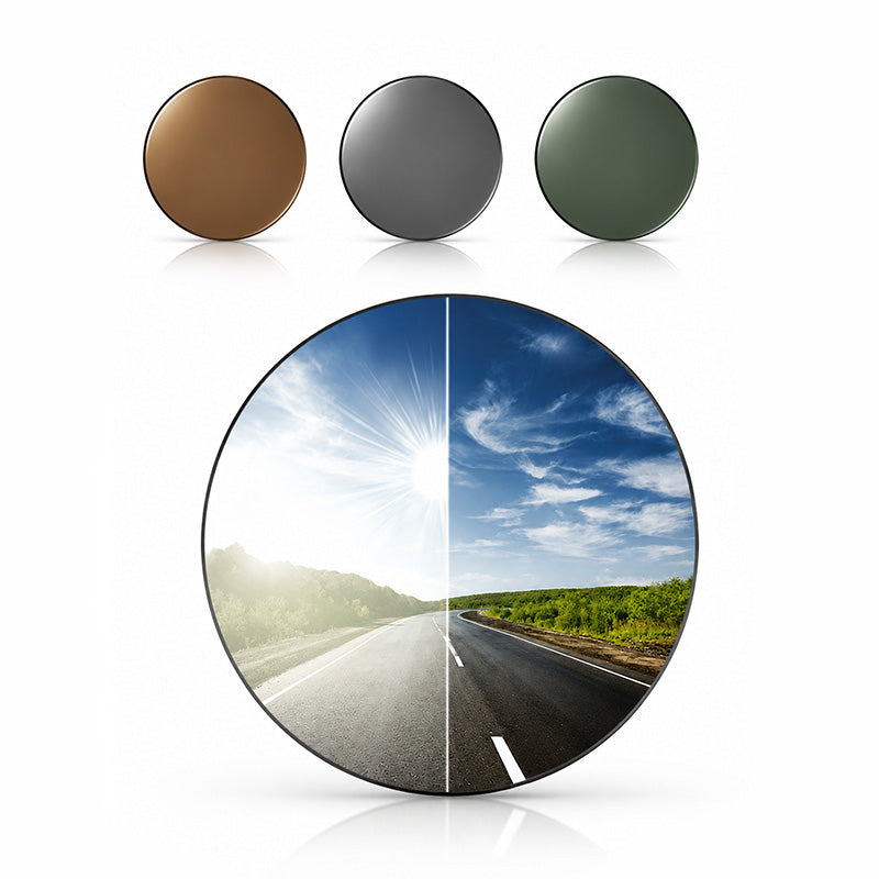 Polarized prescription sunglass lenses available in Brown, Grey and Green with a visual comparison showing glare reduction and improved driving vision.