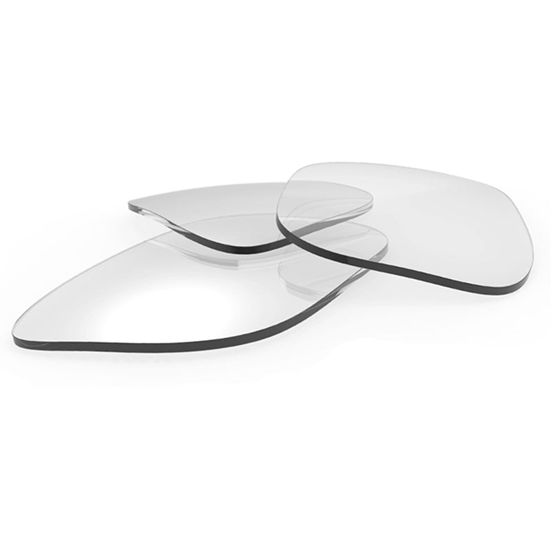 Custom single vision prescription lenses for eyeglasses, clear shaped lenses made according to the customer's optical prescription.