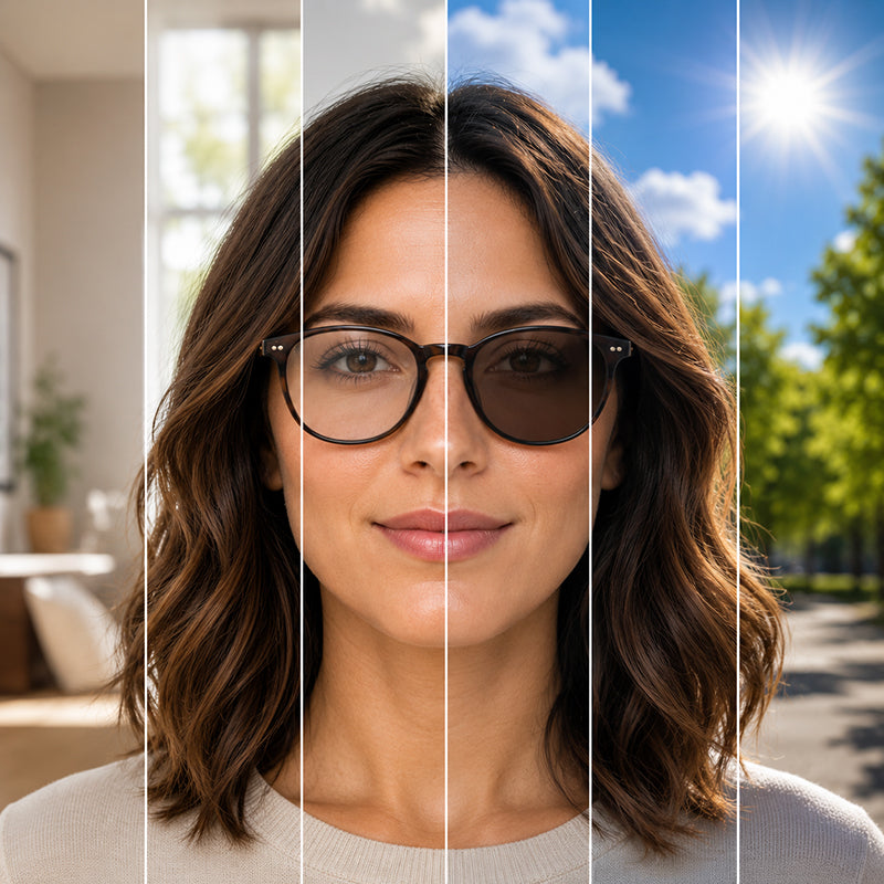 Woman wearing Transitions® photochromic single vision lenses that automatically change from clear to dark in different indoor and outdoor lighting conditions.