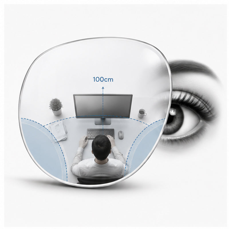100 cm office progressive lens designed for computer and reading tasks, providing a wide lateral viewing area across the desk and clear vision up to 1 meter.