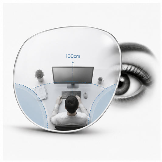 100 cm office progressive lens designed for computer and reading tasks, providing a wide lateral viewing area across the desk and clear vision up to 1 meter.