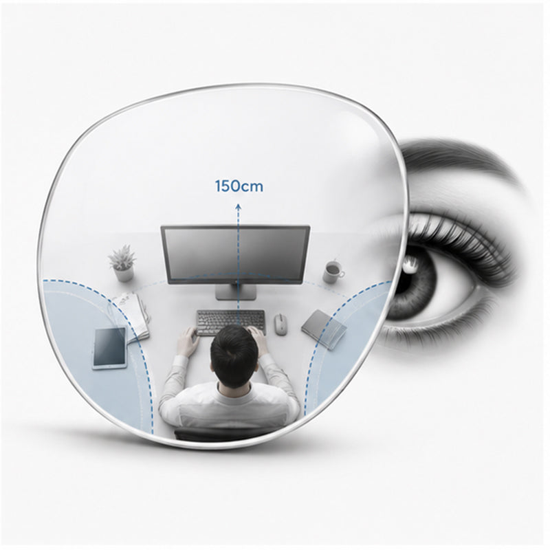 150 cm office progressive lens for monitors, documents, and workplace activities, offering clear vision up to 1.5 meters with an optimized desk viewing area.