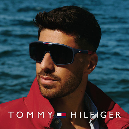 Tommy Hilfiger men’s sunglasses with blue mask-style frame